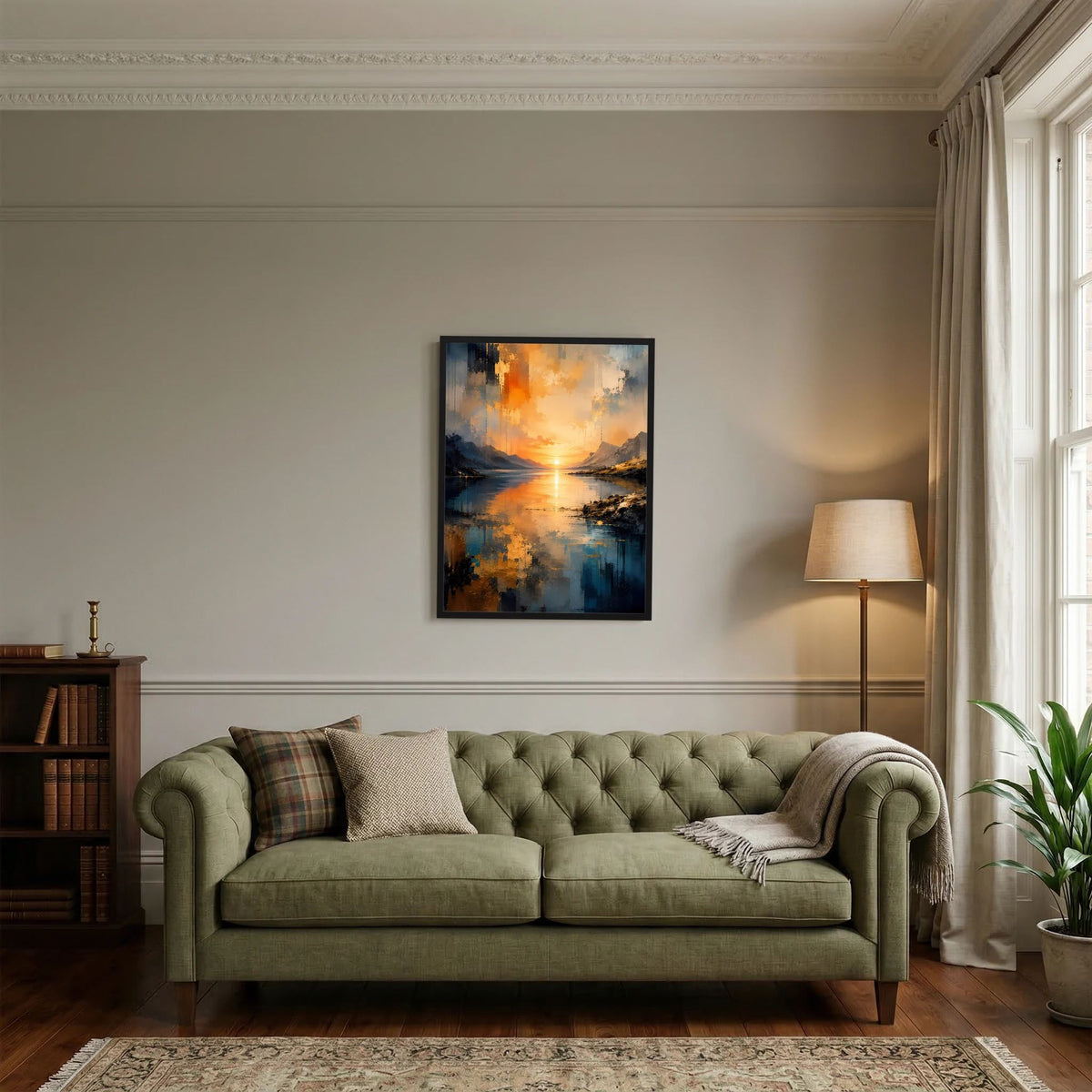 Wandposter mit abstrakter Berglandschaft am See, orangefarbene Sonne, blaues Wasser, schwarz gerahmt