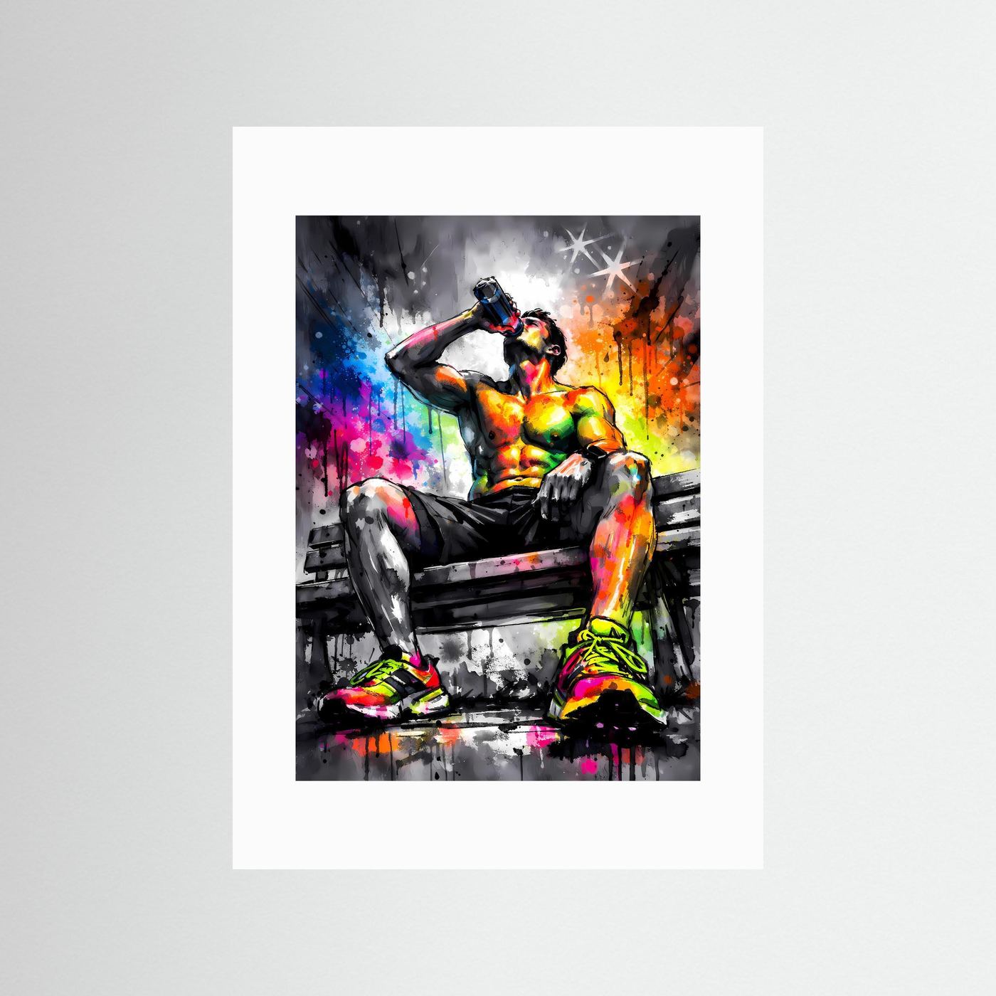 Die Kunst der Energie | Neon Fitness Poster mit trainierender Silhouette & Regenbogen-Farben | Abstraktes Sport Kunstposter Hochformat