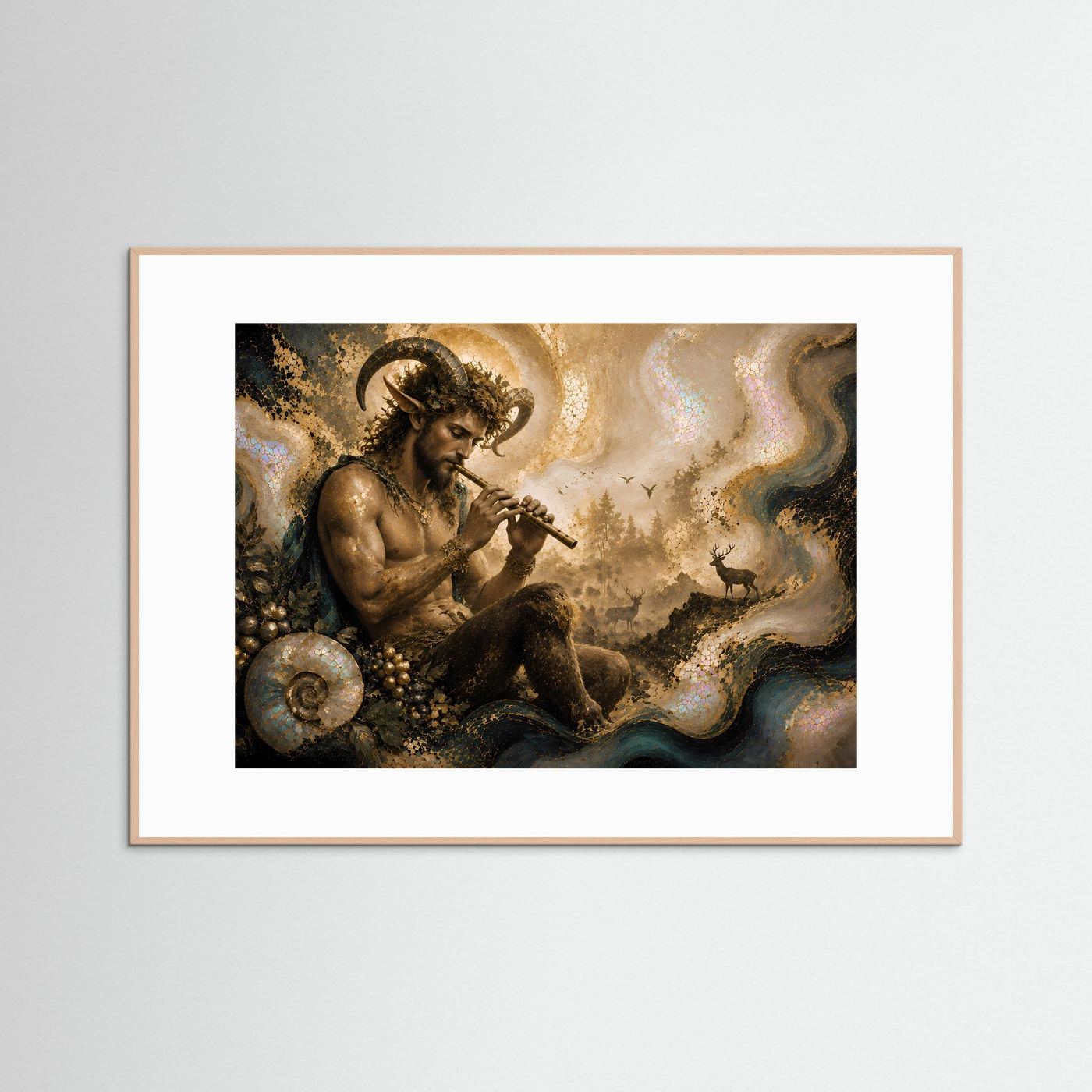 Pan mit Flöte im mystischen Wald | Griechische Mythologie Kunst in Gold & Perlmutt