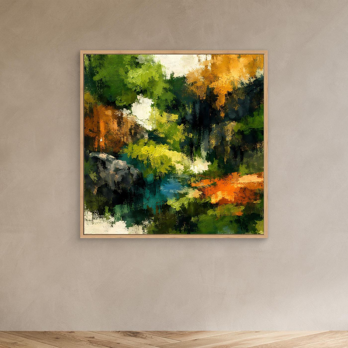 Leinwand-Wandbild mit Holzrahmen: abstrakte Waldlandschaft und Fluss, grün, gelb, orange