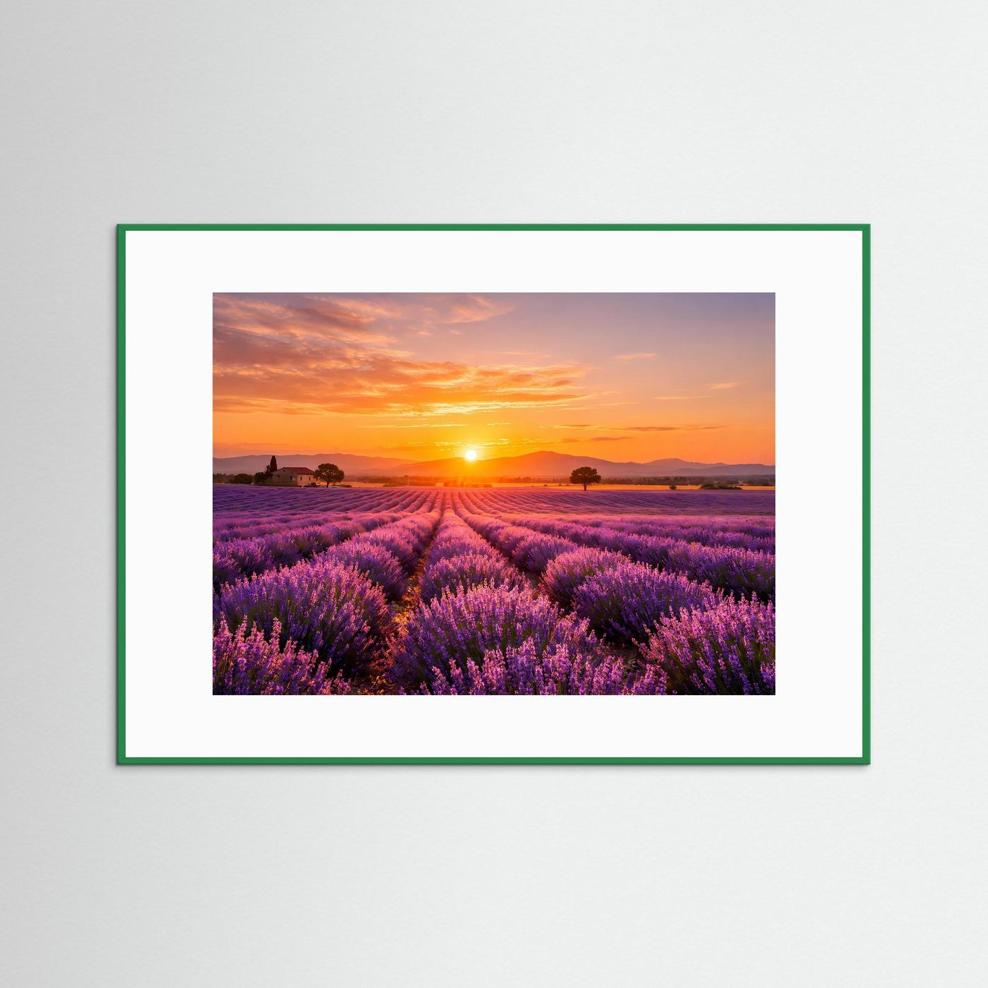 Lavendelfeld-Wandbild mit Sonnenuntergang, grüner Rahmen und weißem Rand