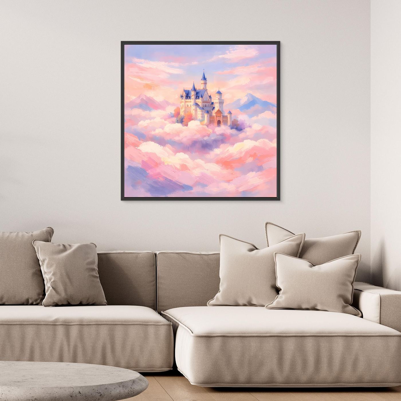 Leinwand Schloss Neuschwanstein über Wolken | Märchenhafte Pastelltöne Wandbild
