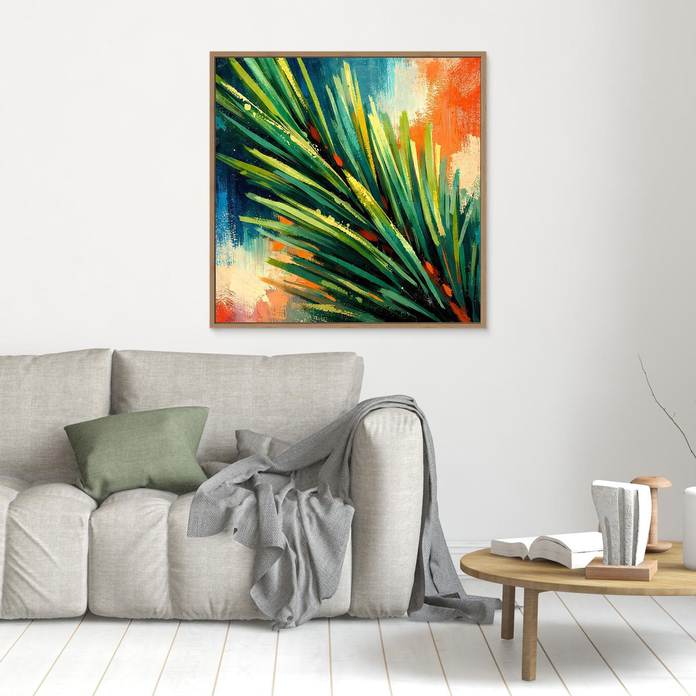 Kleines Wandbild mit abstraktem Grün-Blau-Orange-Motiv, braun gerahmt