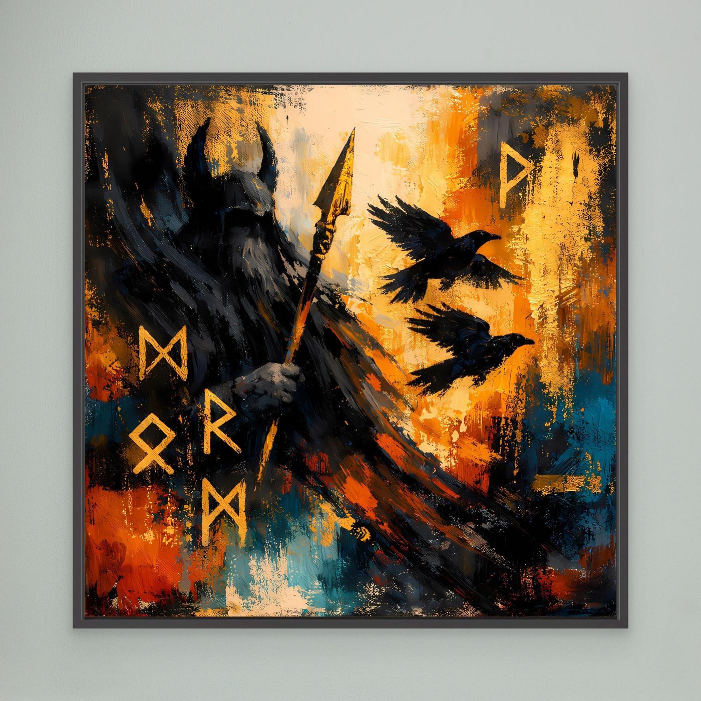 Abstraktes Wandbild: Odin-Silhouette mit Speer und Runen, schwarzer Rahmen