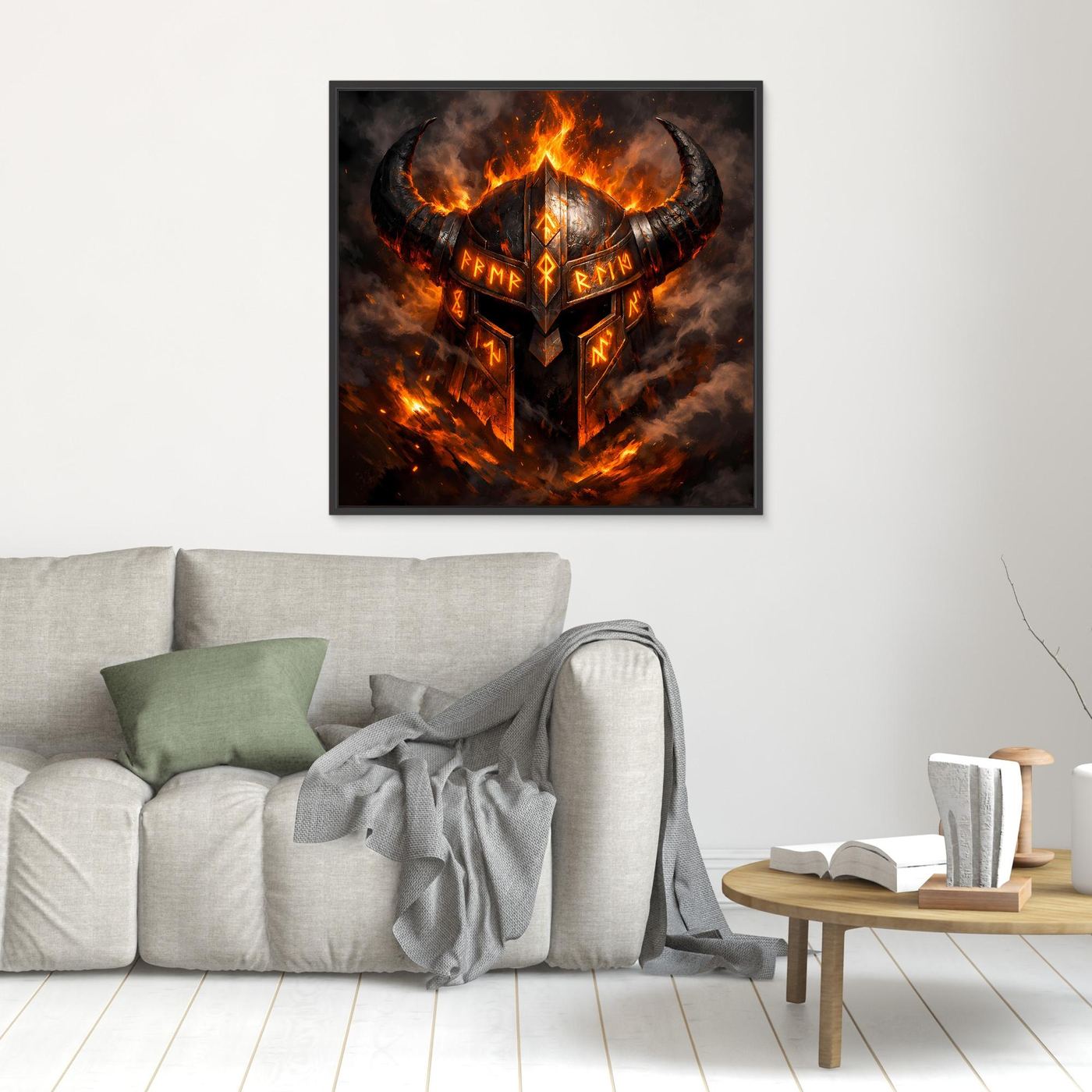 Kleines Leinwand-Wandbild mit flammendem Wikingerhelm und Runen, schwarz gerahmt