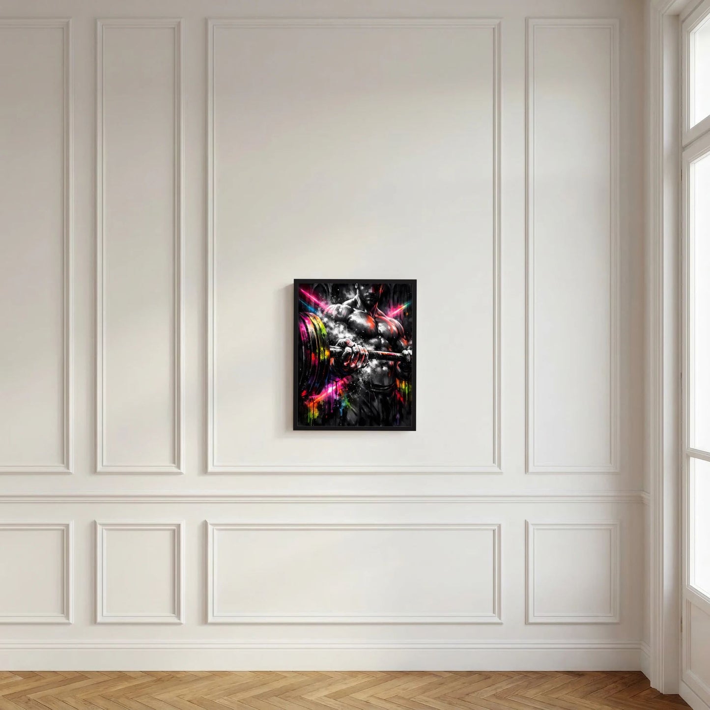 Gerahmtes Kunstposter im Schwarzrahmen: Bodybuilder mit Langhantel und Neon-Lichtfarben
