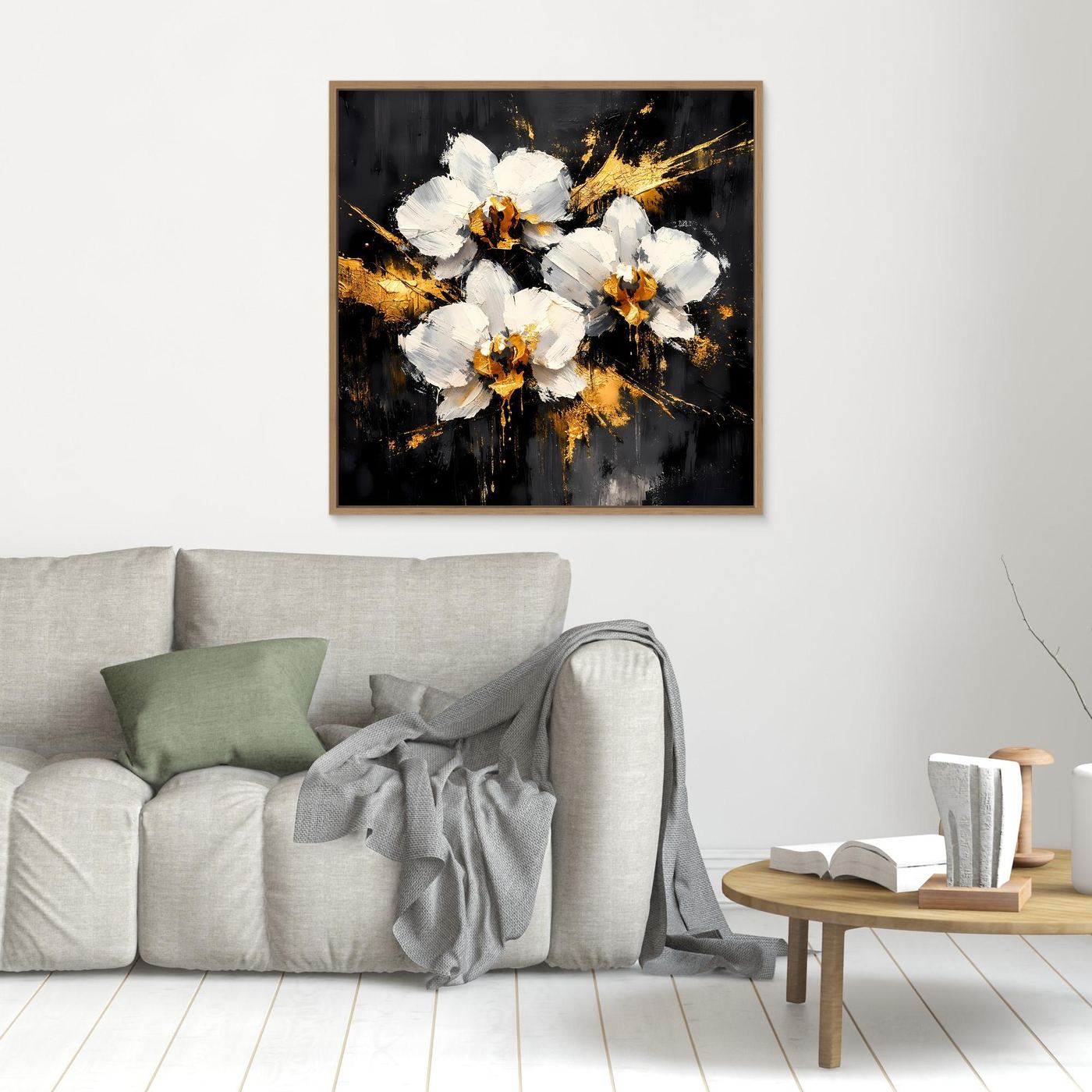 Leinwand Elegante Orchideen in Weiß und Gold | Modernes Abstraktes Blumen Wandbild