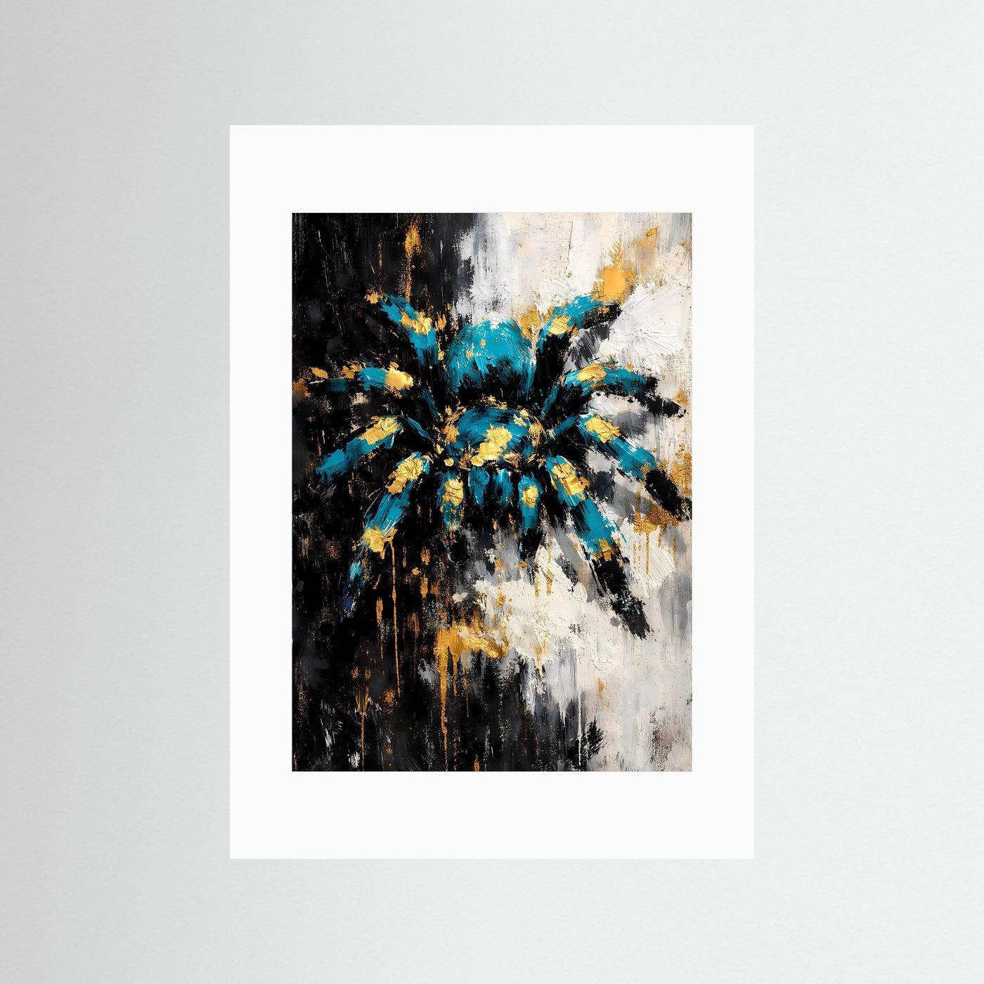 Abstraktes Spinnen-Kunstposter im Hochformat mit weißem Passepartout, türkis und Gold