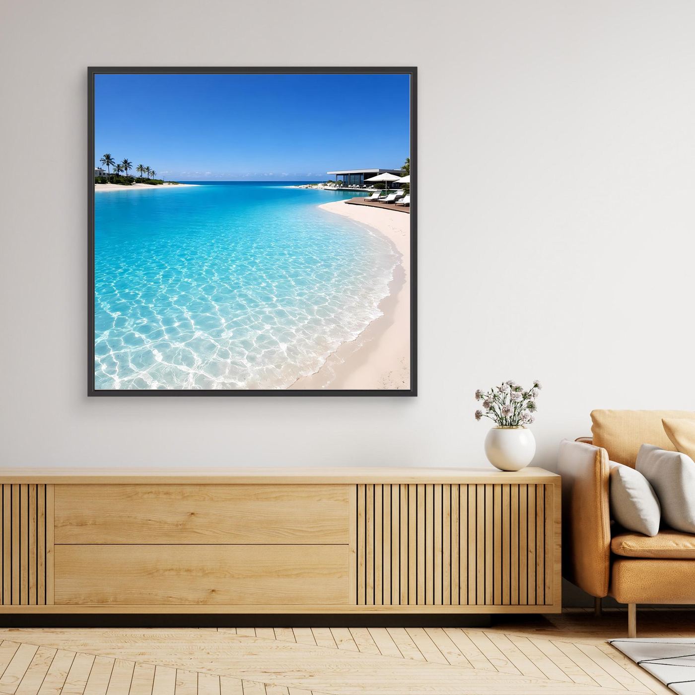 Leinwandbild mit türkisfarbenem Wasser, Strand und Steg im dunklen Rahmen