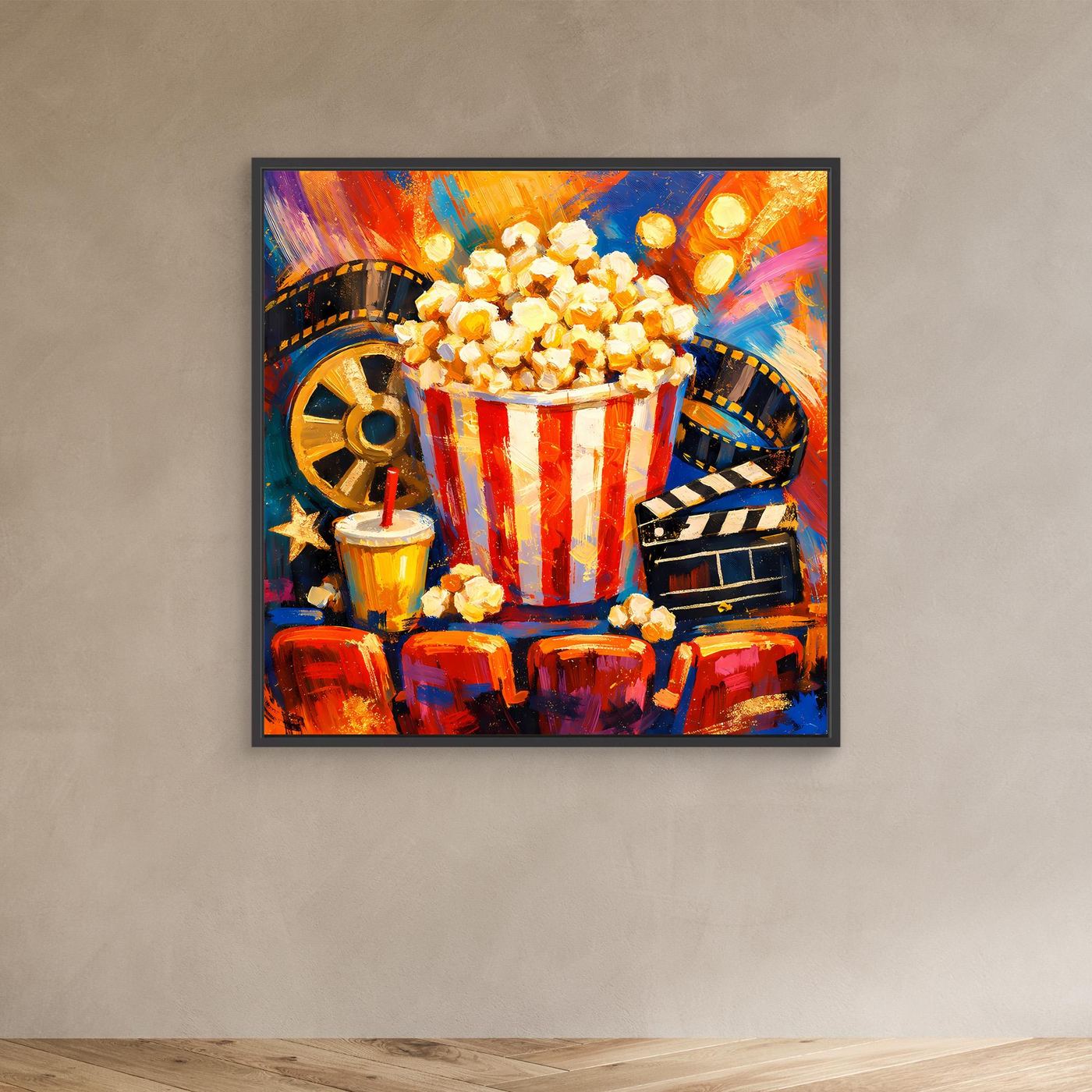 Leinwandbild mit Popcornbecher (rot-weiß) und Filmstreifen, schwarzer Rahmen