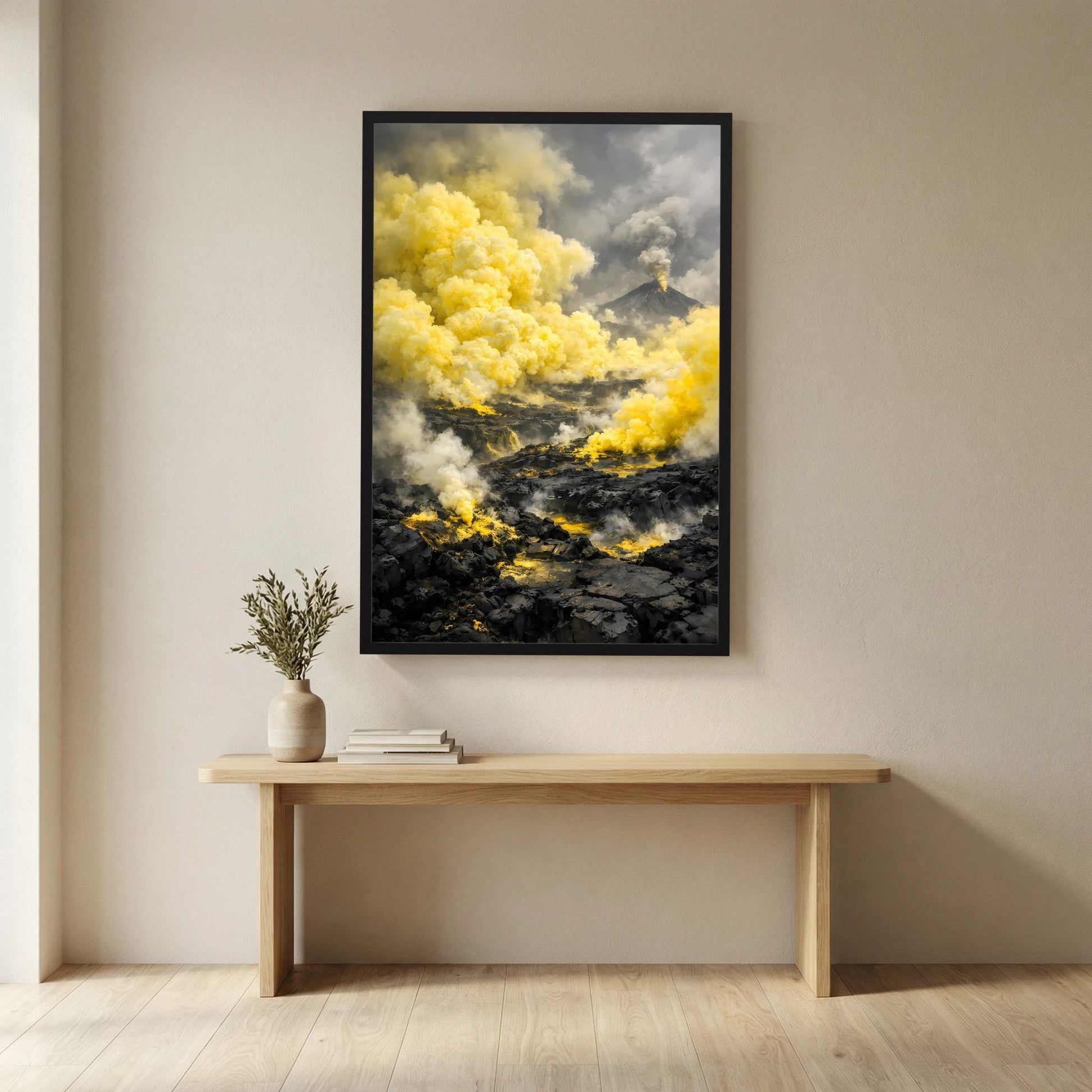 Die Kraft der Natur | Abstraktes Vulkan Poster in Gelb & Schwarz | Modernes Landschaftskunstposter Hochformat