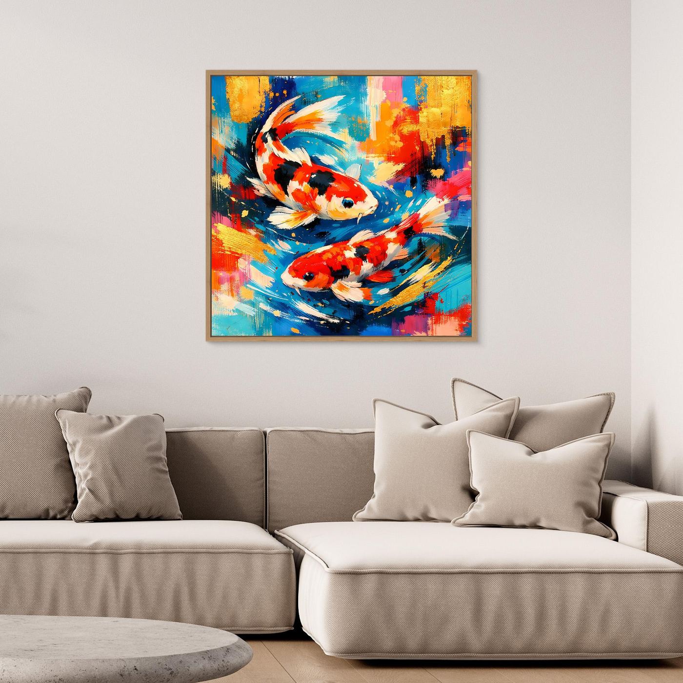 Abstraktes Leinwandbild mit Koi-Fischen, bunt, goldener Rahmen