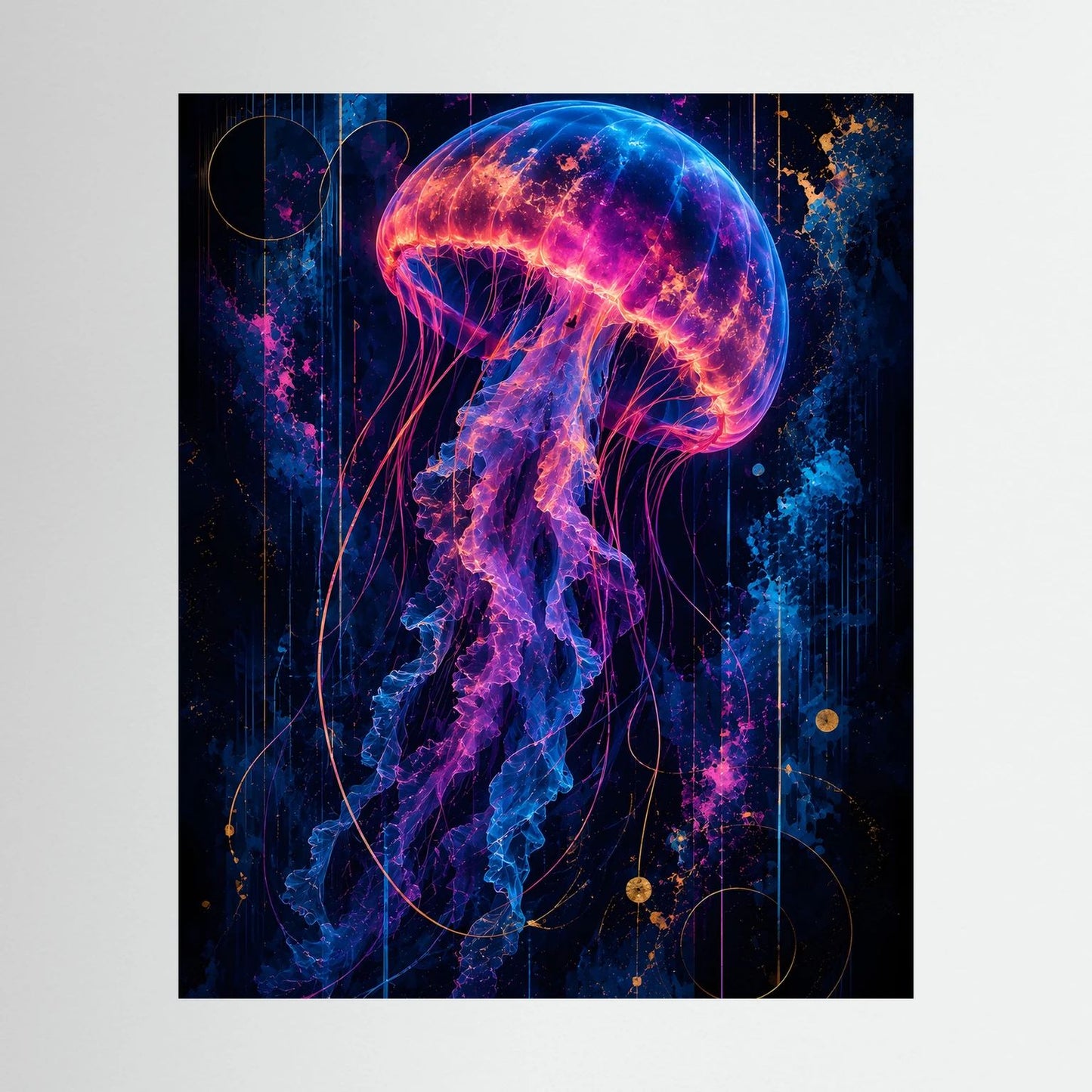 Hochformatiges Poster einer leuchtenden Qualle in Neonpink, Blau und Gold
