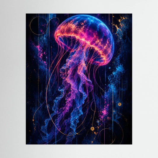 Hochformatiges Poster einer leuchtenden Qualle in Neonpink, Blau und Gold