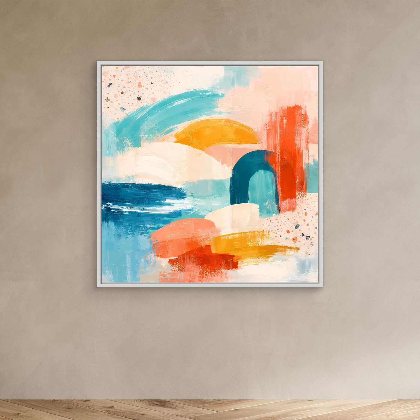 White-framed abstract pastel canvas wall art with teal, peach, orange and blue blocks