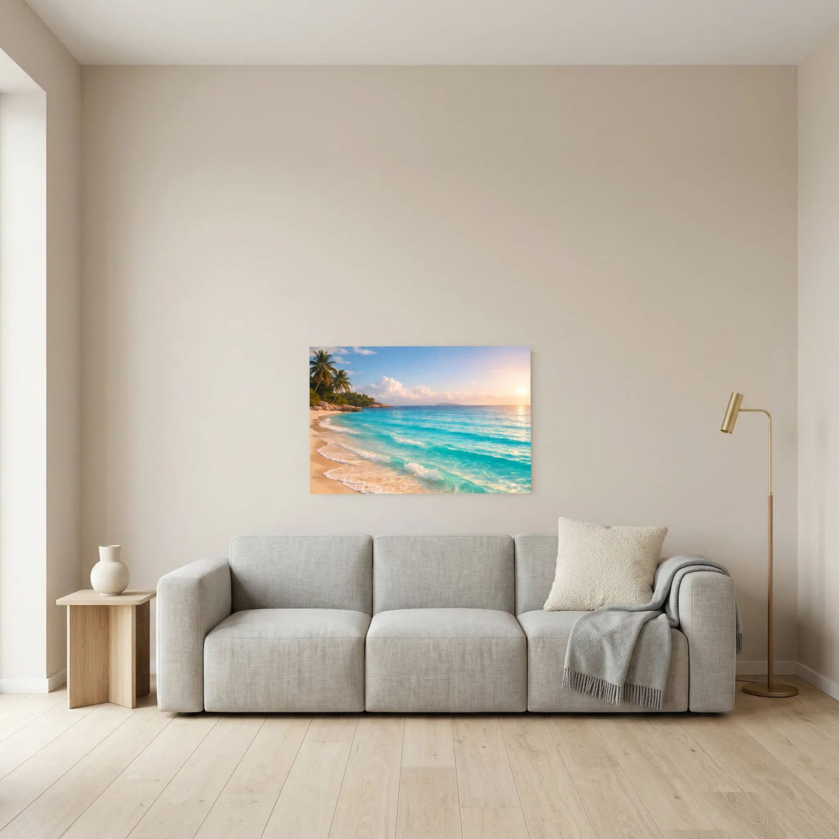 Kleines Strand-Wandbild mit tropischen Palmen, türkisfarbenem Wasser und Sonnenaufgang