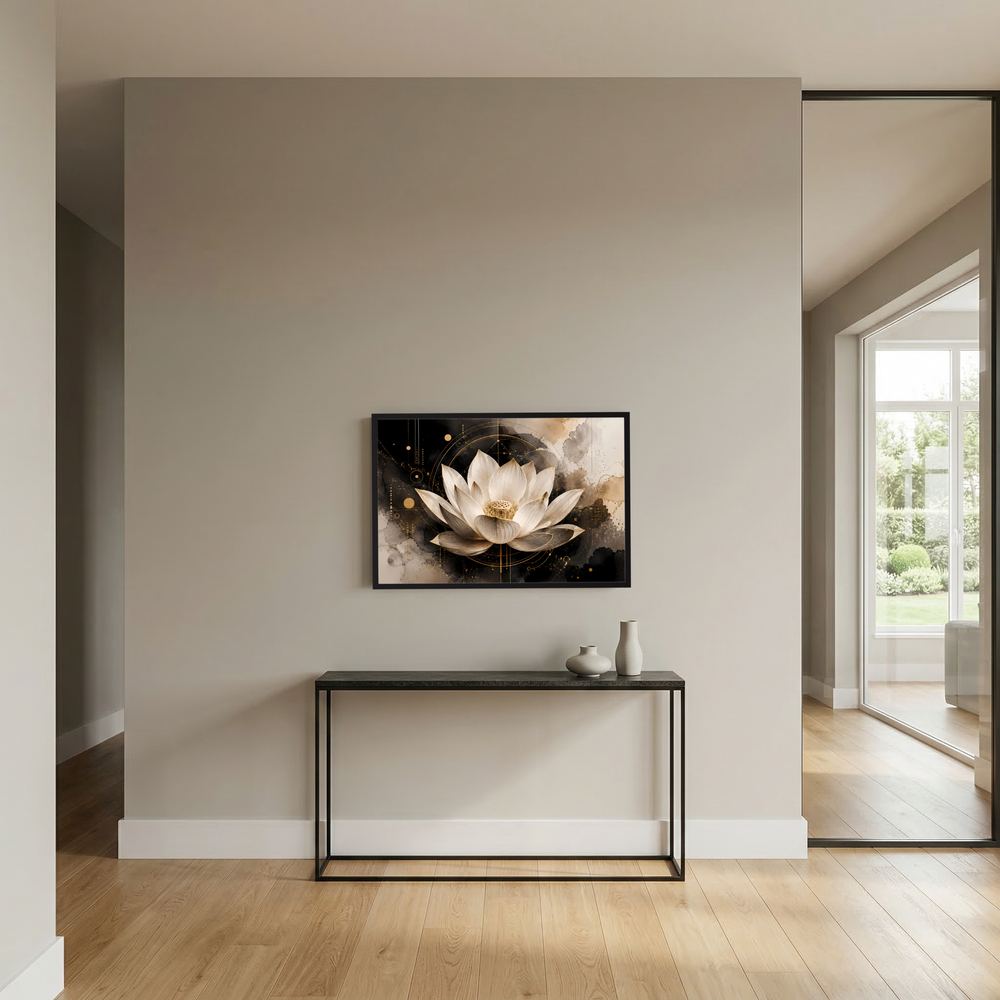 Rahmenposter an der Wand mit abstrakter Lotusblüte in Schwarz, Gold und Weiß