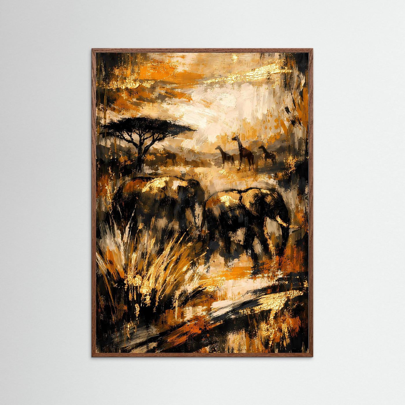 Elefanten-Poster im Hochformat mit rosafarbenem Holzrahmen, abstrakt in Gold und Ocker