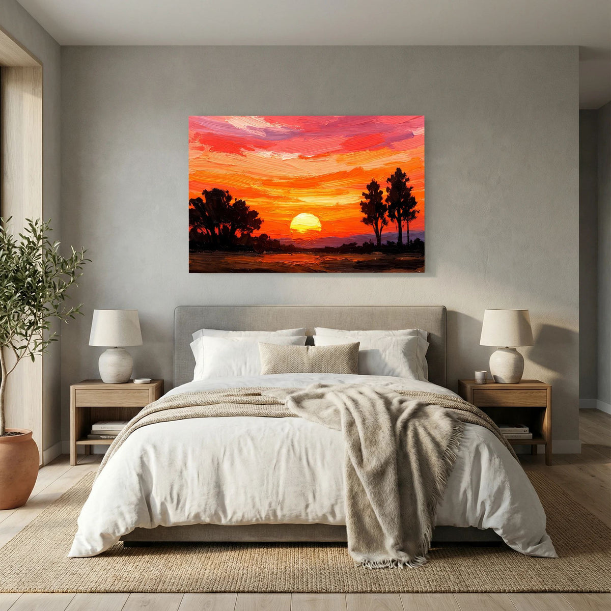 Acryl-Kunstwerk im Querformat im Schlafzimmer: roter Himmel, Sonne und Baum-Silhouetten