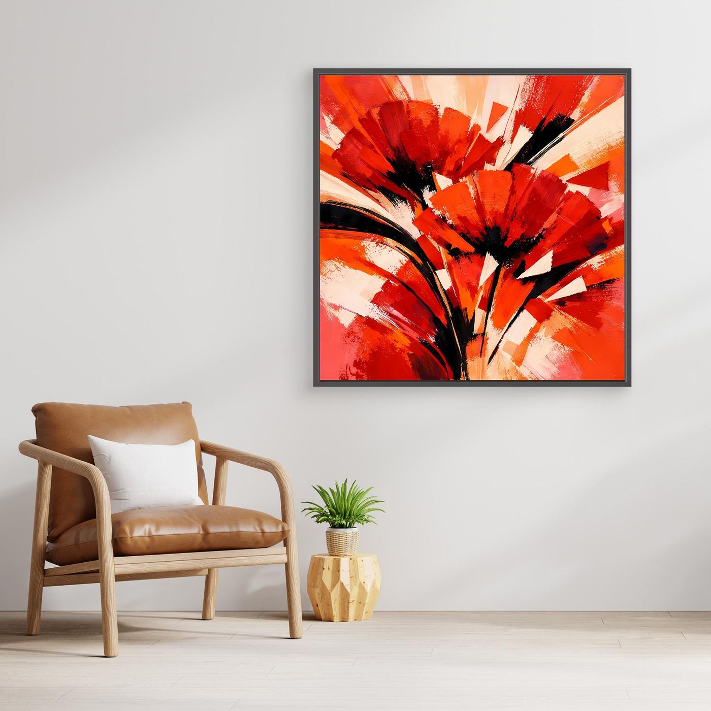 Abstraktes Mohn-Leinwandbild mit Rot-Orange-Pinselstrichen und schwarzen Details, mit dunklem Rahmen