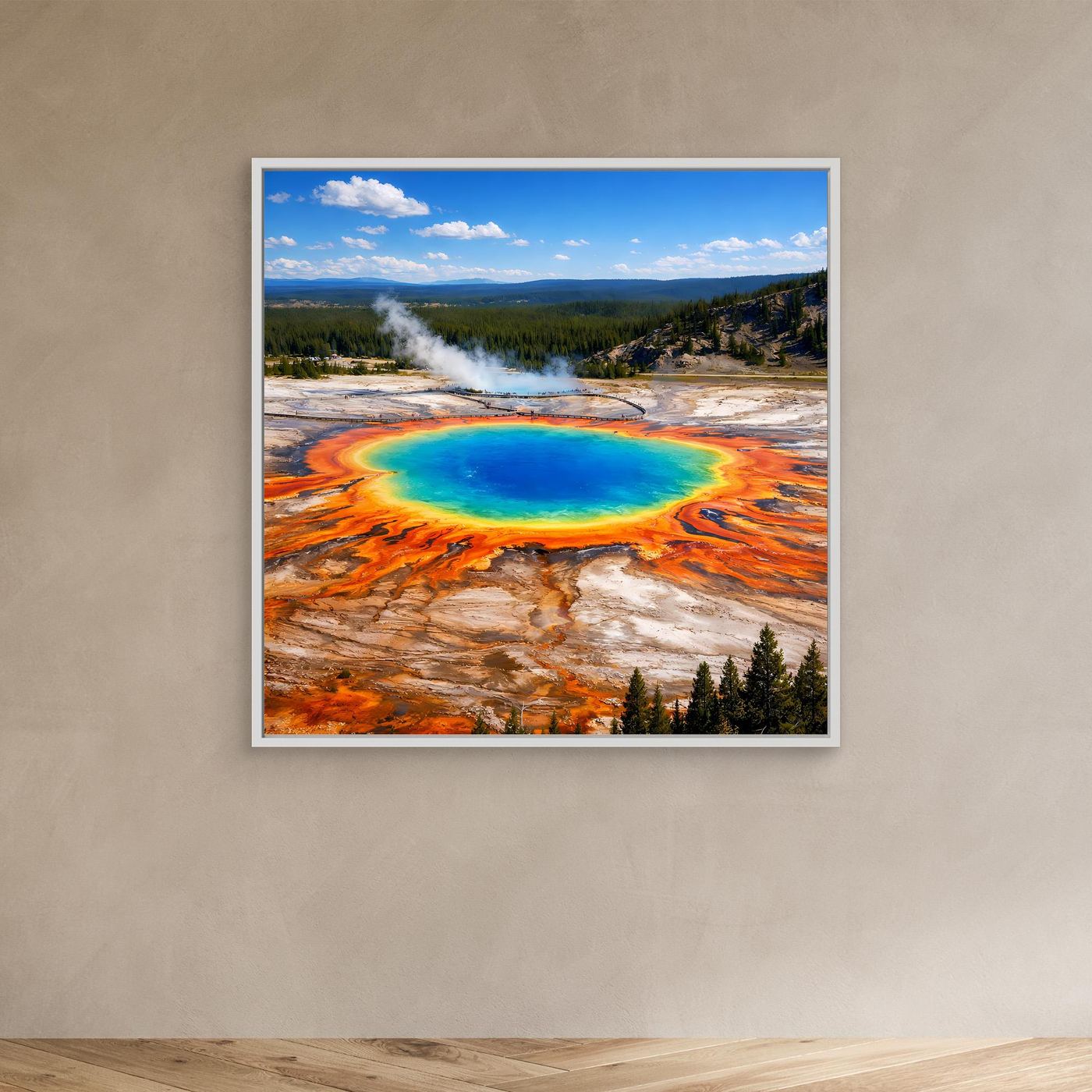 Leinwandbild Grand Prismatic Spring mit blaugrünem Becken und farbigen Terrassen, ohne Rahmen