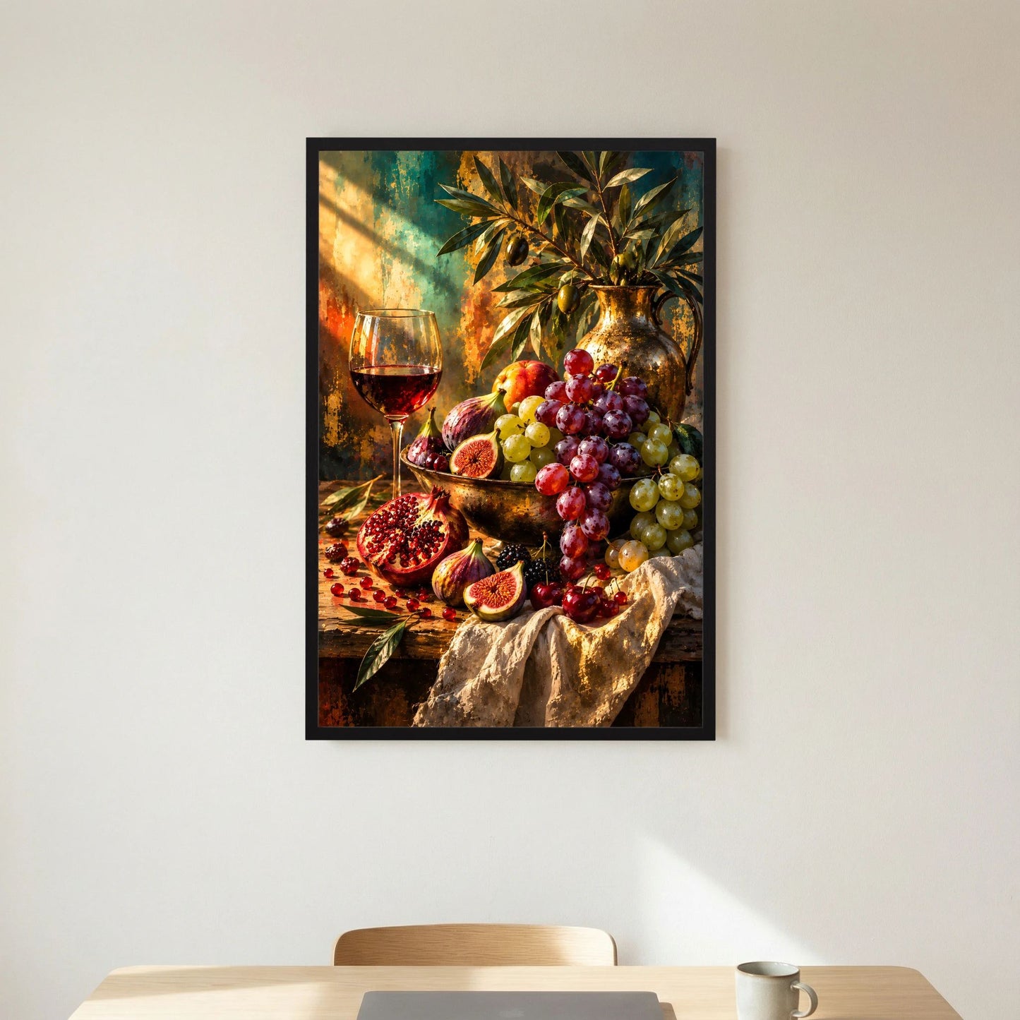 Hochformat-Poster mit Vase, Trauben und Früchten sowie Wein im Glas.