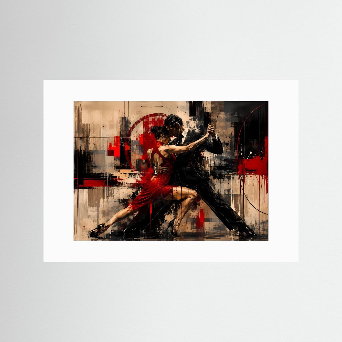 Leidenschaftliches Tango-Paar in Rot & Schwarz | Abstraktes Tanz Poster im Querformat | Modernes Wandbild