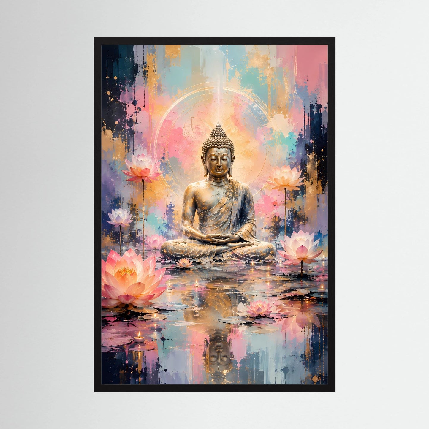 Poster: meditierender Buddha, goldene Figur mit Lotusblüten, Abstraktmotiv im schwarzen Rahmen