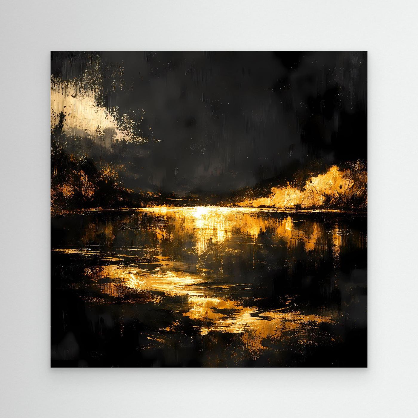 Leinwand Goldene Flusslandschaft bei Nacht | Abstraktes Natur Wandbild Moderne Kunst