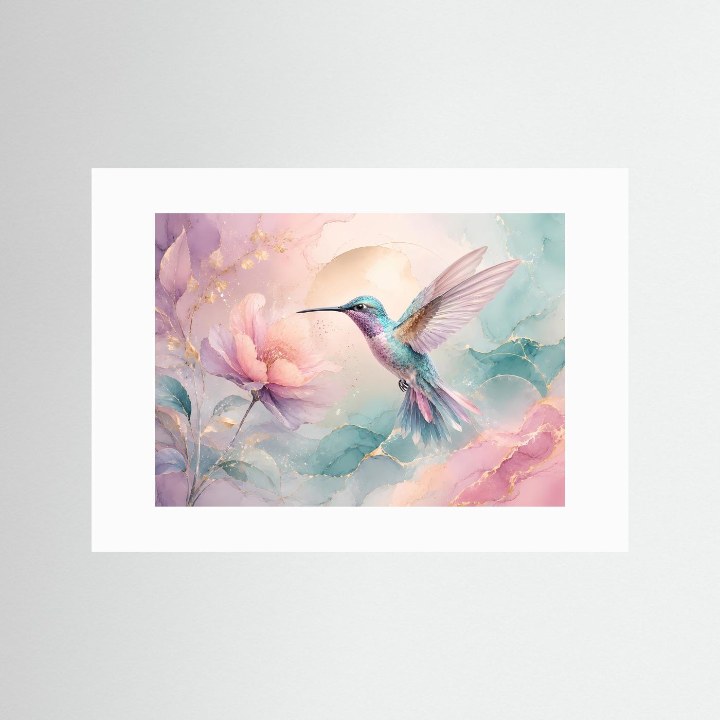 Kolibri Wandbild Pastell | Blüten Poster Rosa Türkis | Elegante Botanische Wandkunst | Moderne Leinwand mit Goldakzenten | Fine Art
