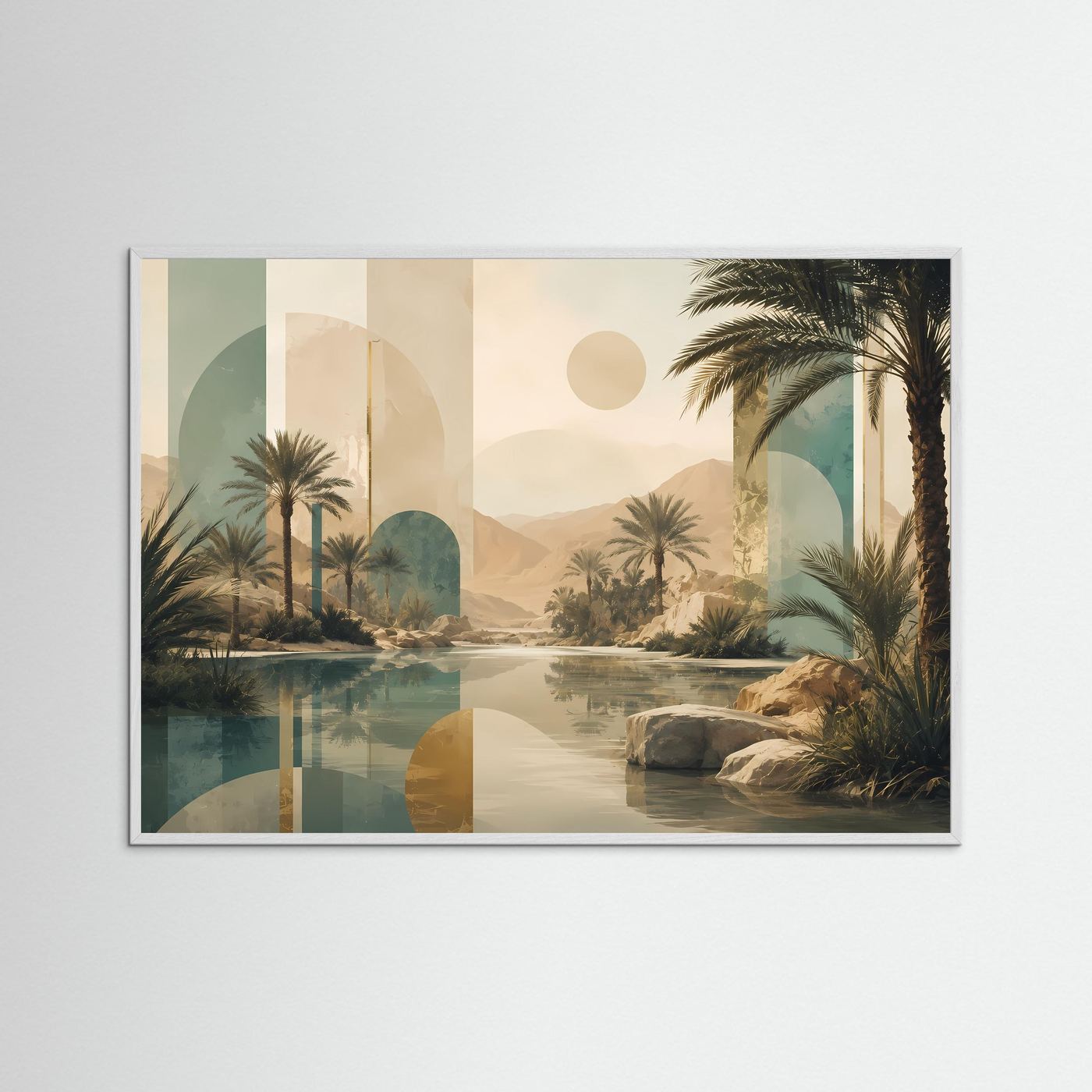 Abstraktes Wandbild mit Palmen und Wüstenlandschaft in Beige/Türkis, grauweißer Holzrahmen