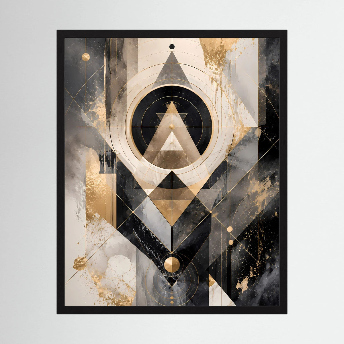 Gerahmtes Kunstposter im Hochformat mit abstrakten geometrischen Formen in Schwarz und Gold
