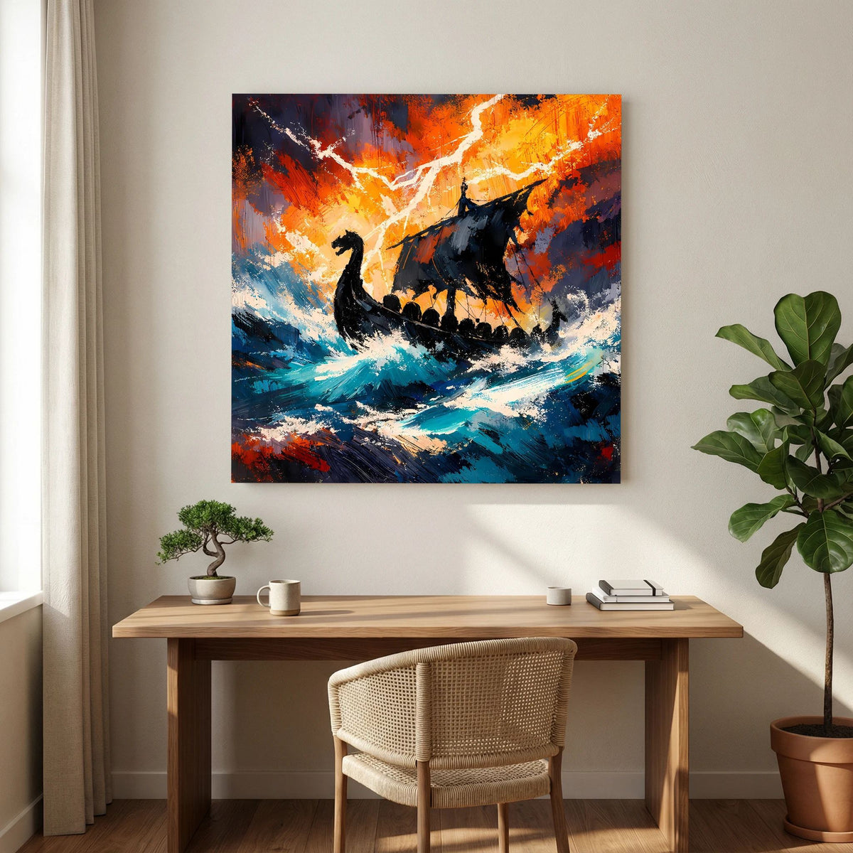Keilrahmen-Wandbild mit Wikinger-Langschiff über türkisblauen Wellen und orange-schwarzem Himmel