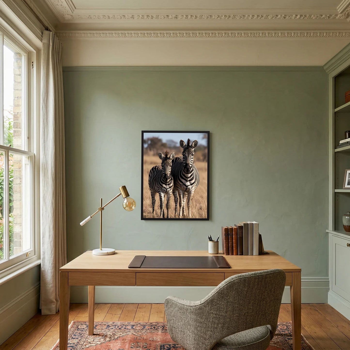 Wandposter mit Zebramutter und Jungtier, Hochformat, schwarz gerahmt
