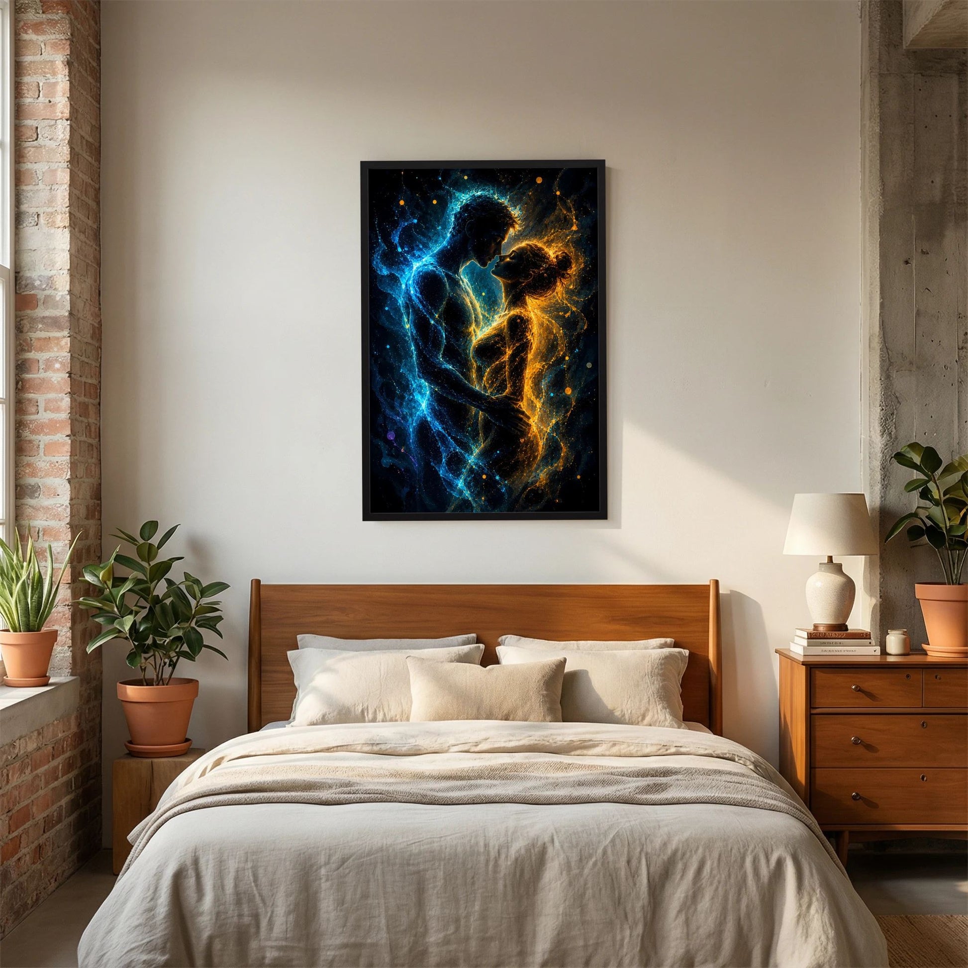 Hochformat-Poster mit abstraktem Paar in Blau und Gold im schwarzen Rahmen