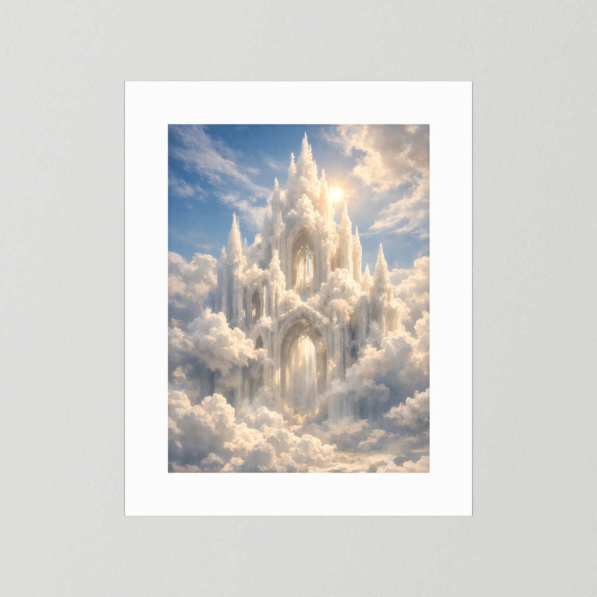 Hochformatposter mit Schloss aus Wolken und Sonne, weißes Passepartout ohne Rahmen