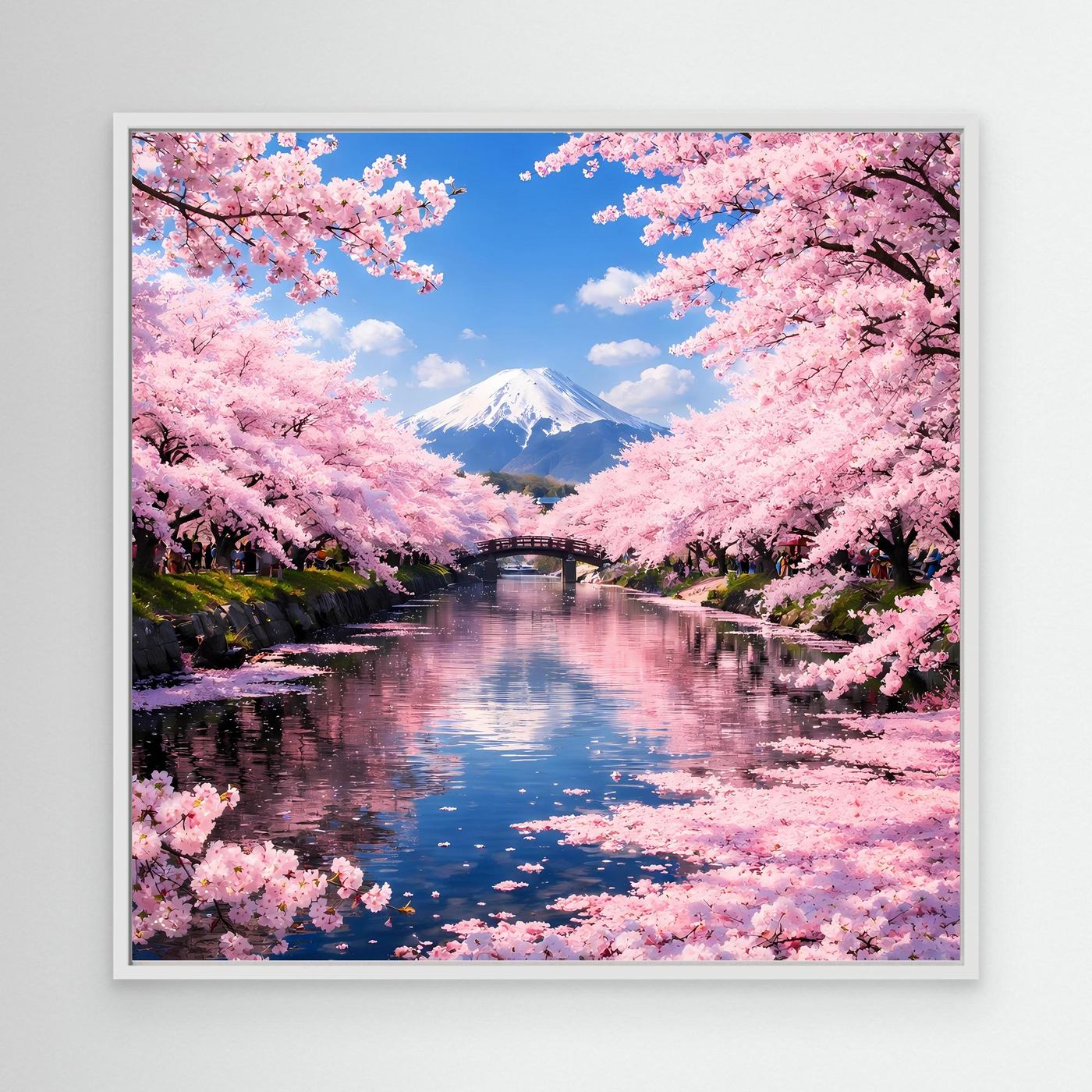 Leinwandbild mit Kirschblüten, Fluss und Fuji-Motiv im weißen Rahmen