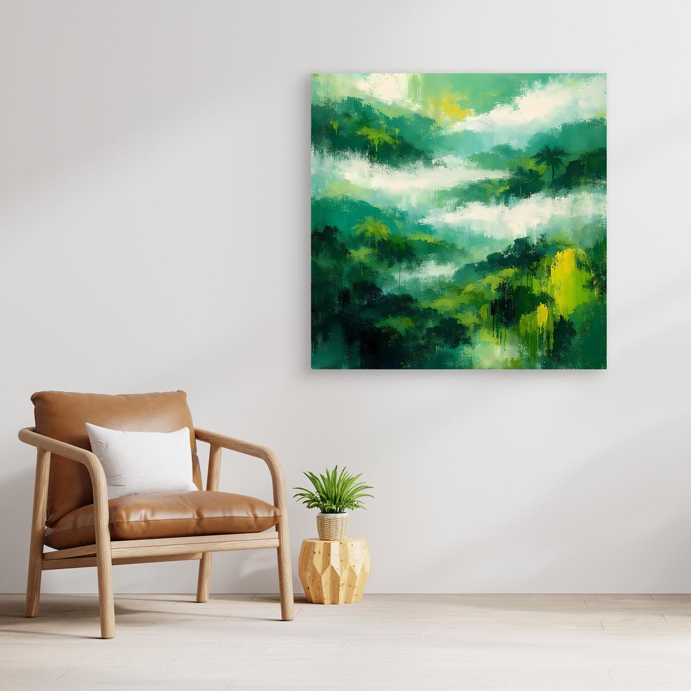 Quadratisches Leinwand-Wandbild: abstrakter Regenwald mit Lichtschein im Nebel, ohne Rahmen