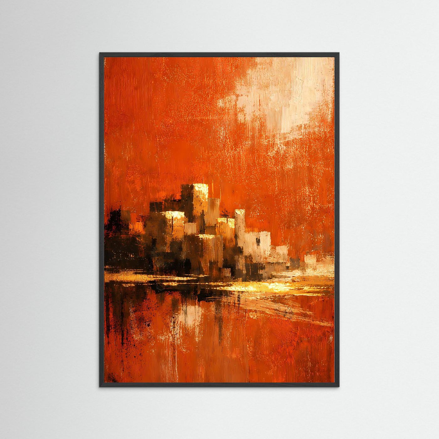 Hochformatiges Kunstposter im schwarzen Rahmen mit terrakotta-orangem abstraktem Küstenmotiv und goldenen Akzenten