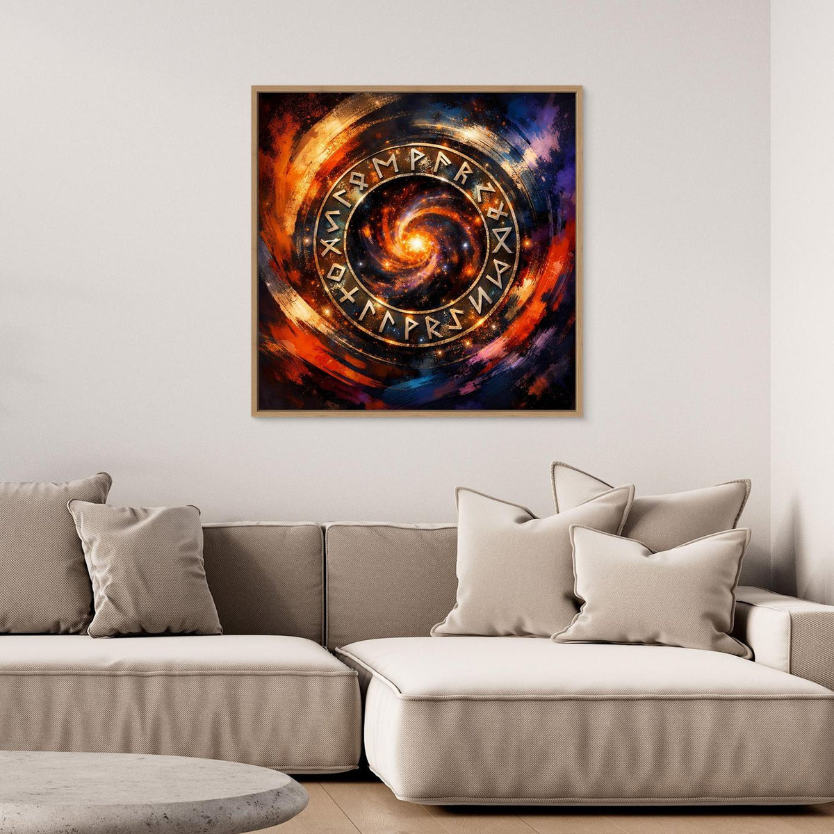 Gerahmtes Leinwandbild mit kosmischem Runenkreis, brauner Rahmen