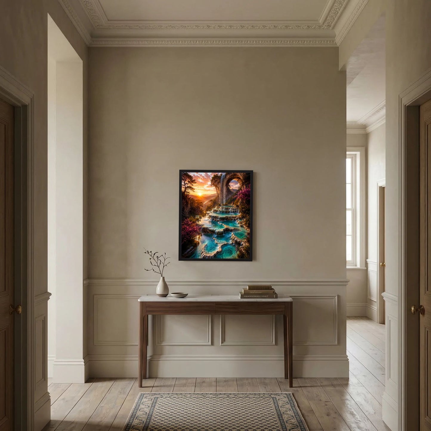 Hochformatiges Kunstposter im schwarzen Rahmen mit Wasserfall, türkisfarbenen Kaskaden und Felsbogen