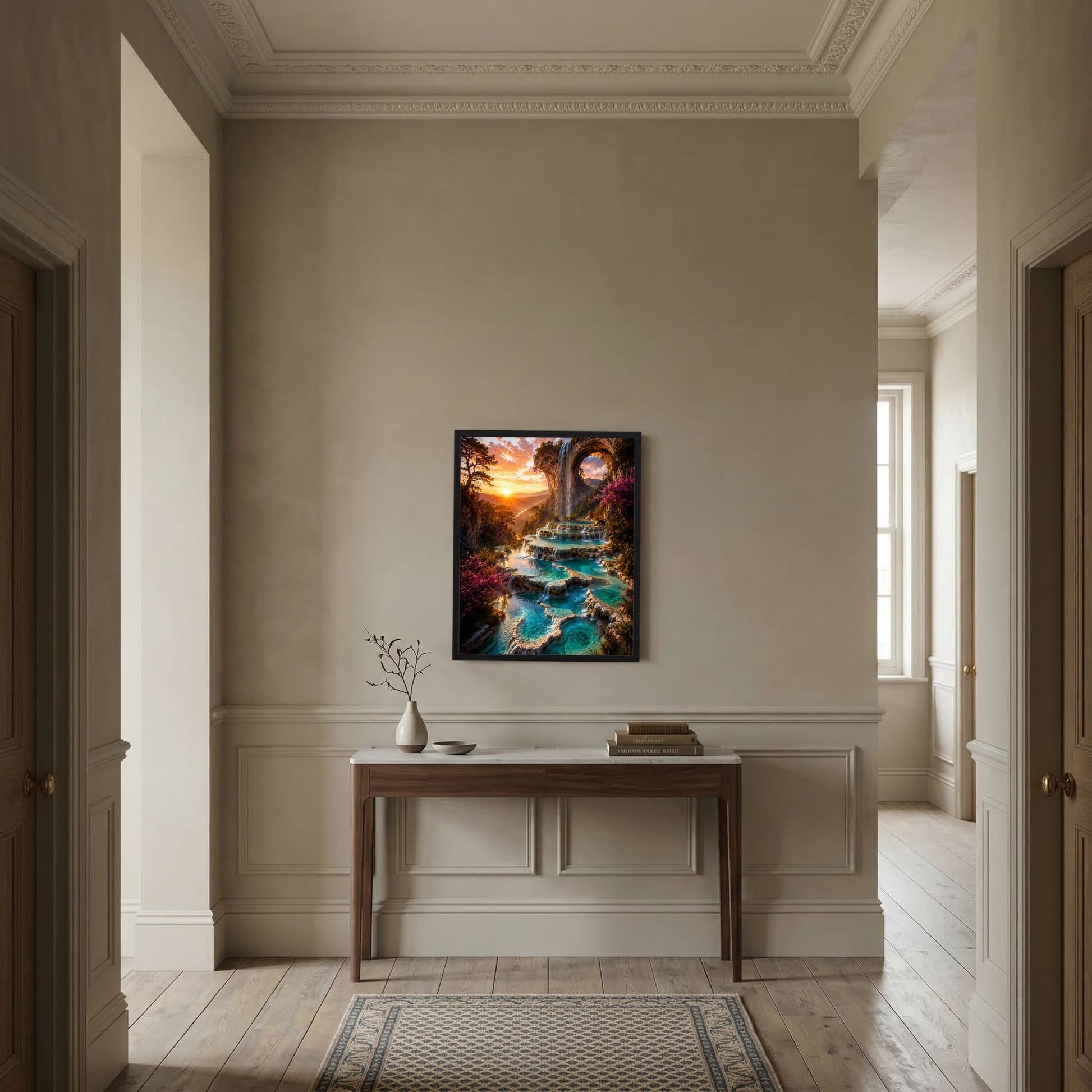Hochformatiges Kunstposter im schwarzen Rahmen mit Wasserfall, türkisfarbenen Kaskaden und Felsbogen