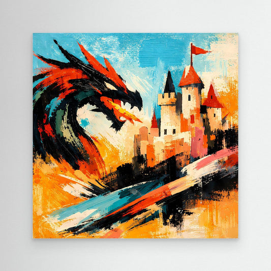 Abstract fantasy wall art canvas with red and black dragon over orange castle