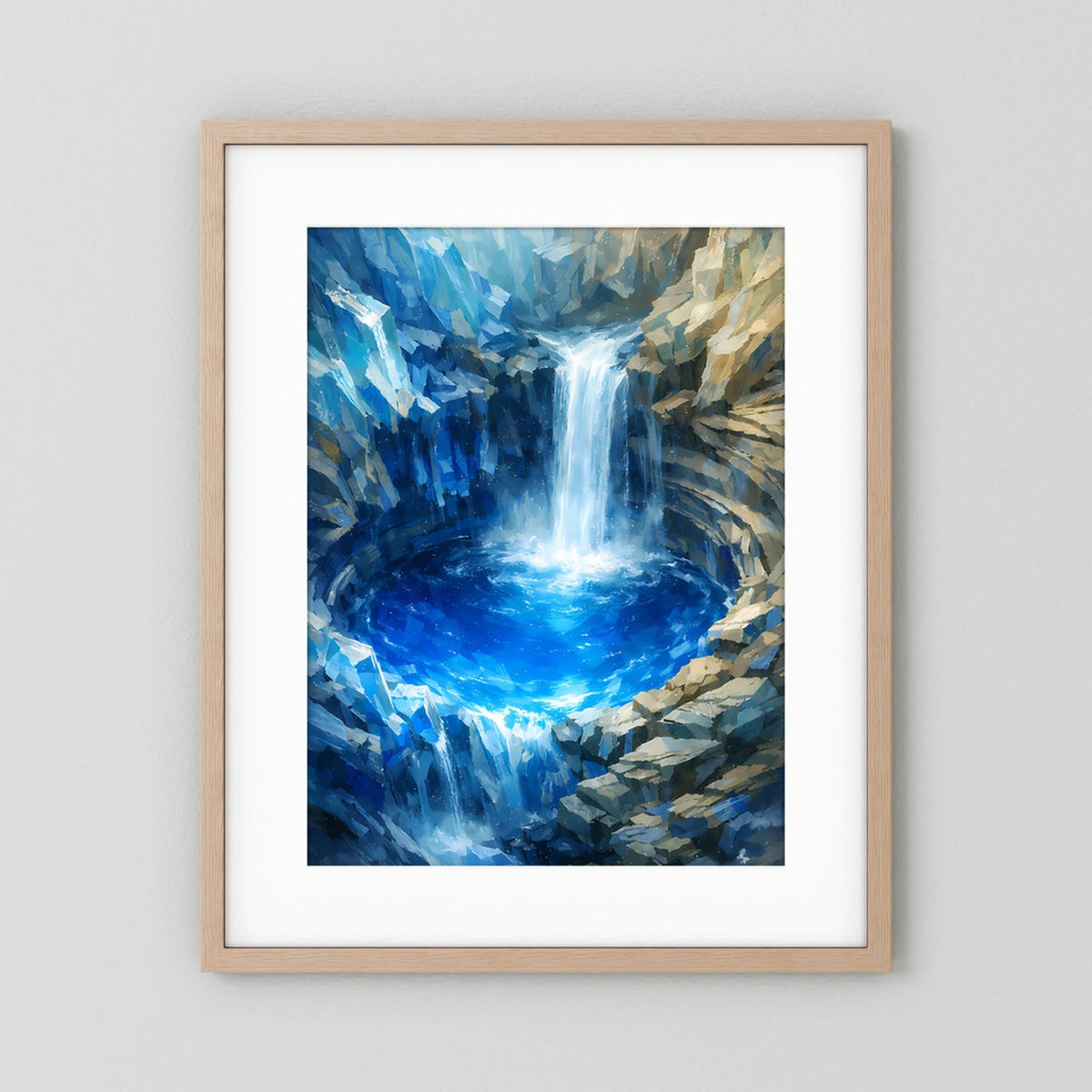 Poster im Hochformat mit abstraktem Wasserfall in Blau/Türkis, heller Holzrahmen und weißer Rand