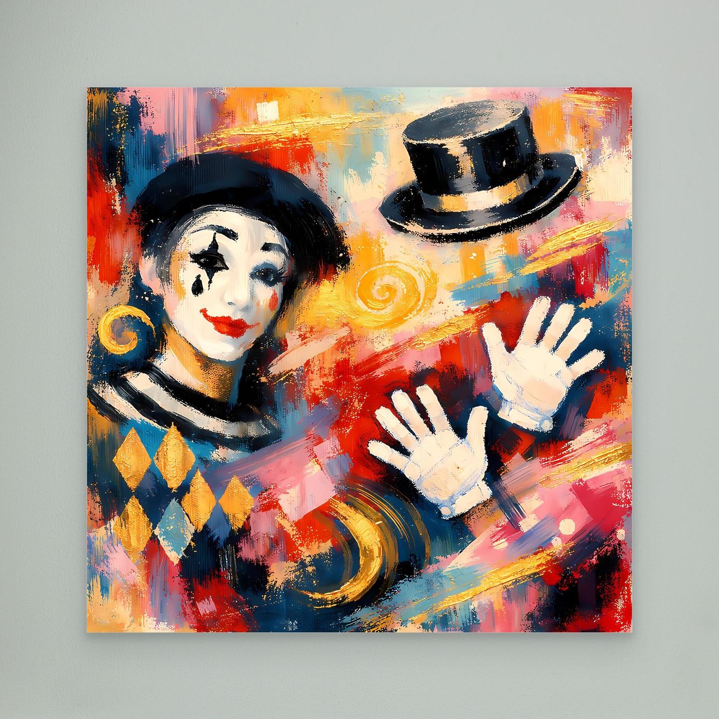 Leinwandbild mit abstraktem Clown im Zylinder, ohne Rahmen, rote und blaue Farbflächen