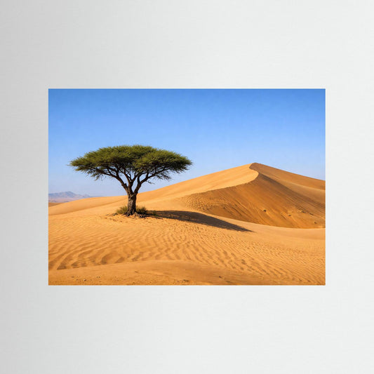 Naturposter im Querformat mit Wüstenbaum in den Dünen, mit blauem Rand