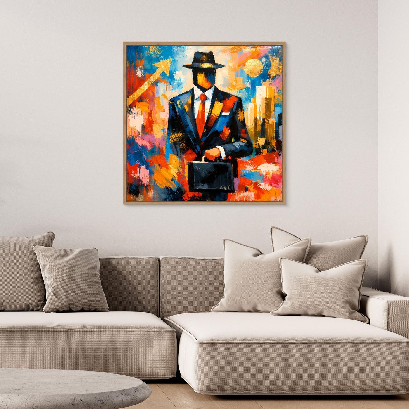 Leinwandbild in Pop-Art mit Porträt: Geschäftsmann mit Hut, Anzug und Aktentasche