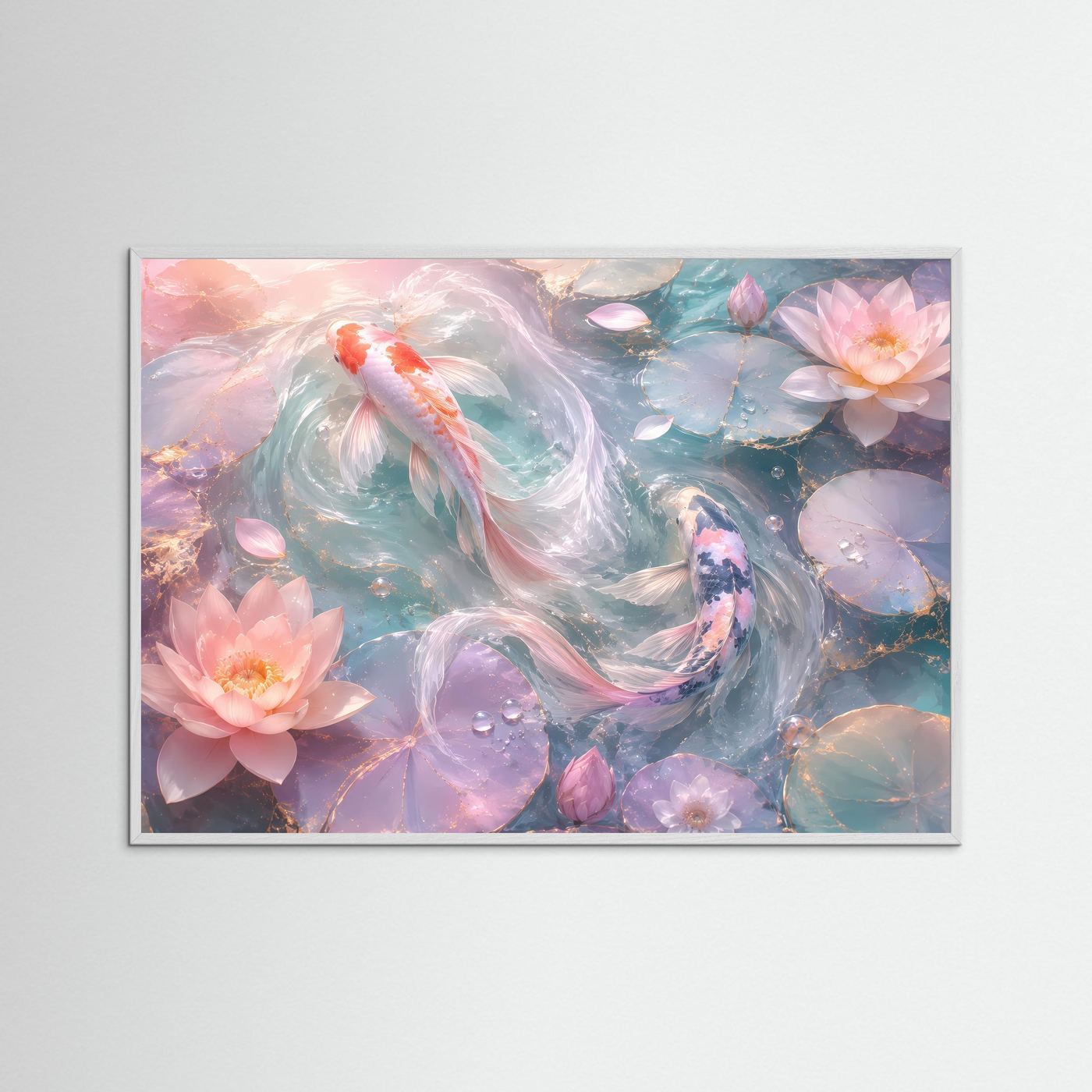Koi-Karpfen & Lotusblüten in Pastell | Elegante Zen-Wandkunst mit Goldakzenten