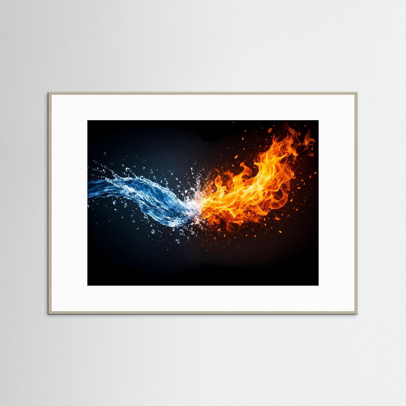 Abstraktes Panorama-Poster im Querformat mit Feuer- und Wasserwellen, heller Holzrahmen