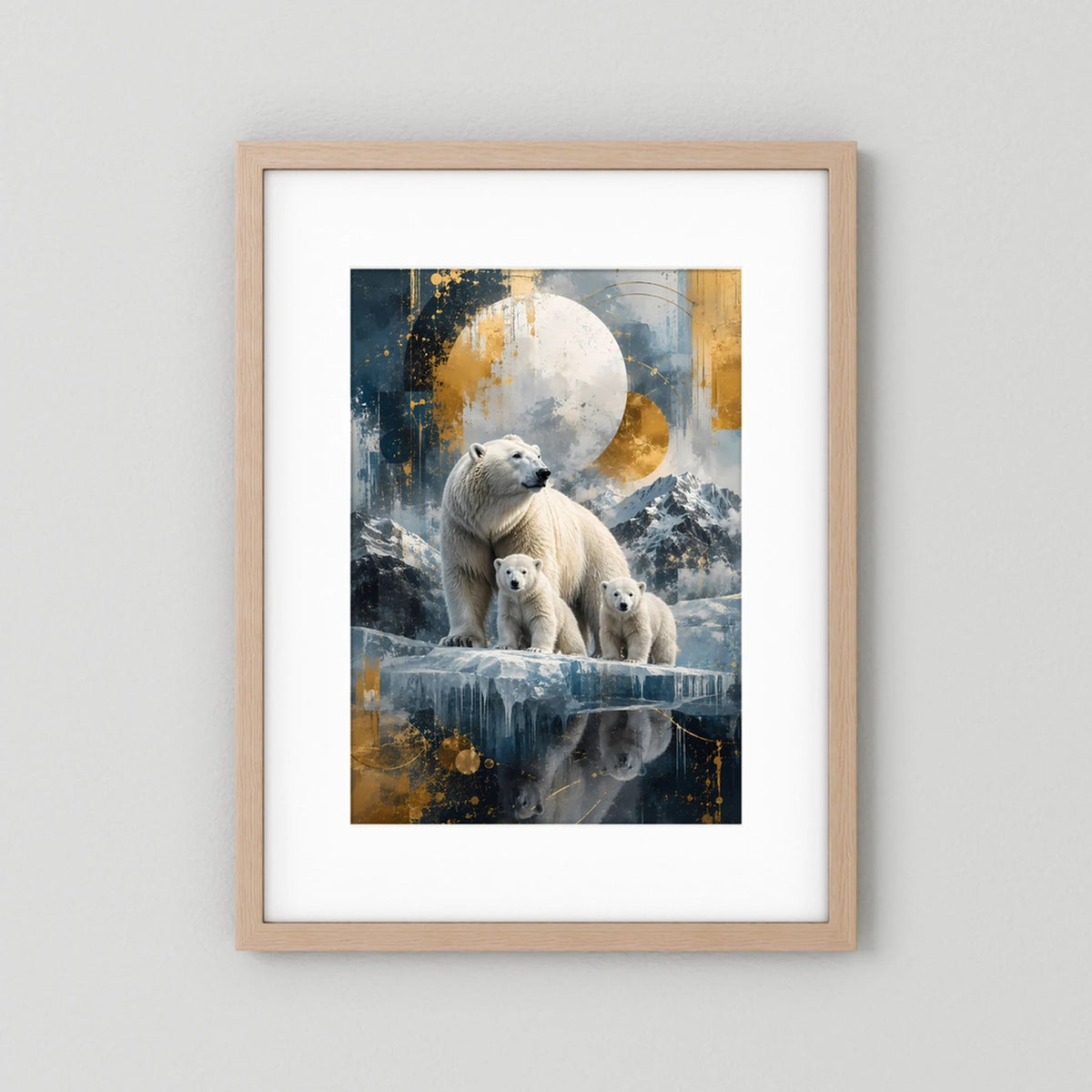 Poster im hellen Holzrahmen mit weißem Rand, Eisbärenfamilie vor Mond und Eis